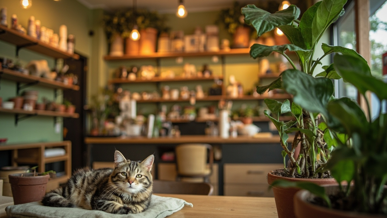 Interior da Pata & Cia, pet shop acolhedor com prateleiras de produtos e plantas
